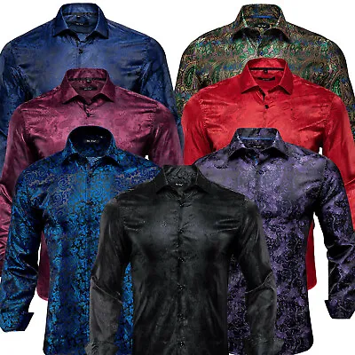 Mens Dress Silk Shirt Long Sleeve Red Blue Paisley Casual Button Down Shirts 3XL • £24.99