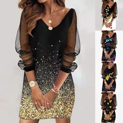 Plus Size Women V Neck Mesh Sleeve Mini Dress Evening Cocktail Party Shirt Dress • £12.39