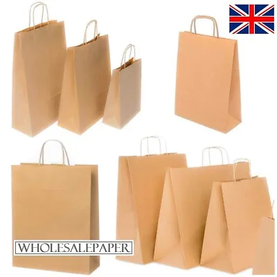 £6.39 • Buy Brown Paper Bags With Handles Small Large Carrier 100 50 10 For Party Gift Sweet