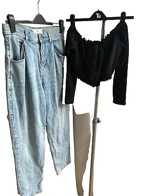 2: Women Uk 12 MANGO Denim Jeans High Peg Front & NEW LOOK Uk 10 Crop Top Black • £5.75