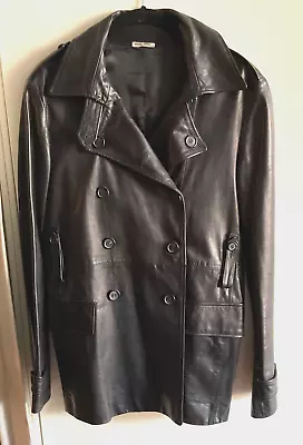 Vintage Miu Miu Black Leather Double Breasted Military Style Short Coat • $403.75