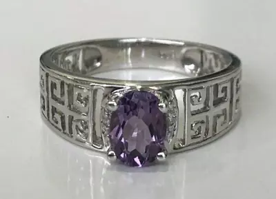 $218 • Buy 9K Solid White Gold W/ Amethyst & Diamond Greek Key Ring Size L 1/4  -  5 3/4
