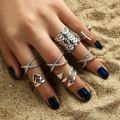 8Pcs/Set Silver Ring Set Boho Stackable Mid Midi Above Knuckle Ring Band • £3.99