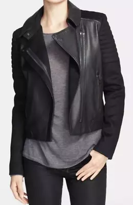 Women's VINCE Quilted Black Leather With Wool Trim Moto Zip-up Jacket Sz XS • $79.95