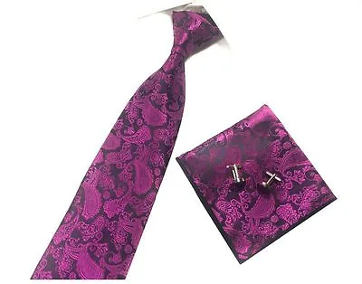 Mens Paisley Jacquard Silky Tie + Cufflinks + Handkerchief  Wedding 3 Pcs Set • £7.99