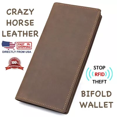 Men's RFID Block Crazy Horse Leather ID Window Zipper Pocket Long Bifold Wallet • $28.48