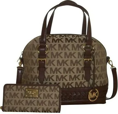  🌞michael Kors Gladstone Large Mk Logo Beige Brown Satchel+matching Wallet🌺nwt • $297.59