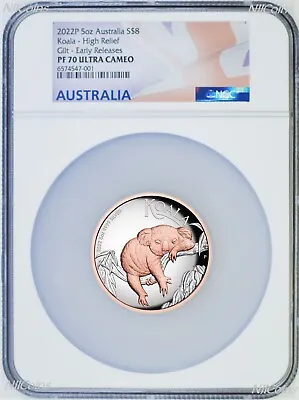 $735 • Buy 2022 Australia Pink Gold GILT HIGH RELIEF 5oz Silver Koala $8 Coin NGC PF70 ER