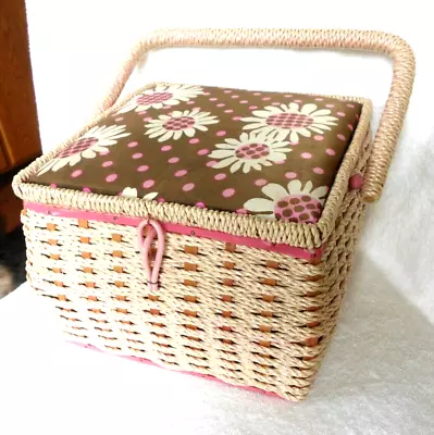 Vintage Pink Sewing Basket Japan Hinged Lid Daisy Flowers Satin Interior Read • $28