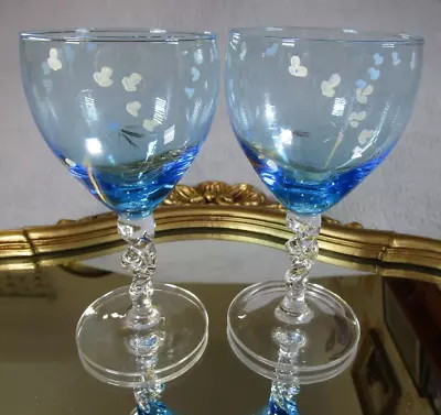 2 Lovely Vintage Blue & Clear Glass Twist Stem Hand Painted Wine Drinks Glasses • £10.95