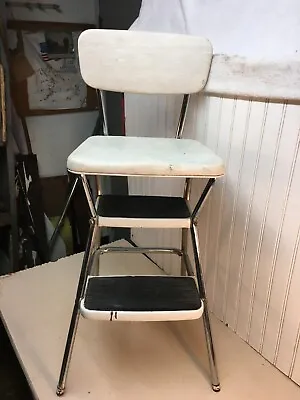 Vtg Rustic Steel  Cosco 3  Step Stool Kitchen  White Vinyl  Country Cottage • $139.50