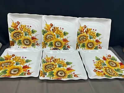 Maxcera  SUNFLOWER BUNCH  ~ Set Of 6 ~ Square Dinner Plates ~ 11 1/8  • $143.99