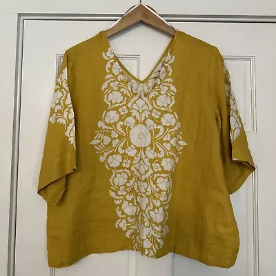 Gorgeous Yellow Gold Linen Boden Top Blouse Floral Pattern V-Neck Size 14 Womens • $5.07