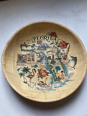 Vtg Florida State Woven Bamboo Souvenir Bowl 12  Tray 60s Surfer Bikini Girlie • $15.99