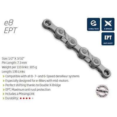 KMC E8 EPT (8 Speed E-Bike Chain) — 136 Links / Dark Silver — AUS STOCK — Bike • $72.99