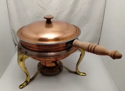 Large Vintage Copper Chafing Dish 9  Double Liner Candle Warmer Wooden Handle • $22.49