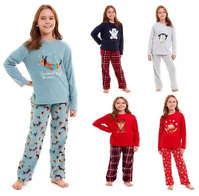Girls Christmas Pyjamas Xmas Robin Reindeer Fleece Sleepwear Set Top Bottoms NEW • £13.99