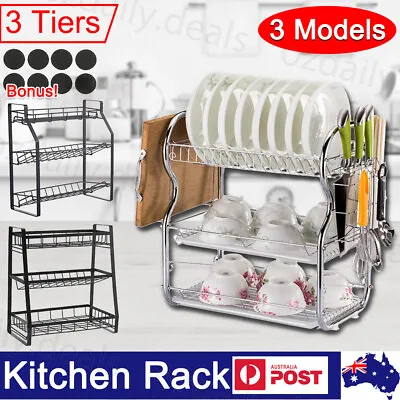 3 Tier Kitchen Dish Rack Seasoning Steel Cup Drying Drainer Tray Cutlery Holder • $31.55