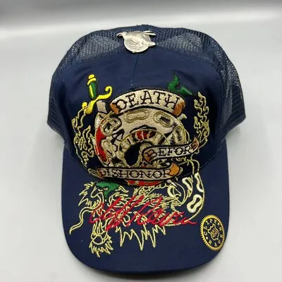 Vintage Cliff Raven Hat Navy Ed Hardy Japanese Tattoo Snap Back Trucker Cap 90s • $28.88