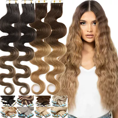 Body Wave Tape In 100% Remy Human Hair Extensions Curly Full Head 60PCS THICK US • $42.11