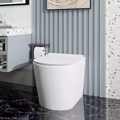 Rimless Back To Wall BTW Toilet White Ceramic WC Pan & UF Soft Close Seat Modern • £139.99