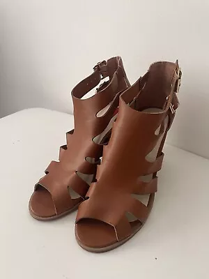 London Rebel Tan Leather Gladiator Strappy Heeled Sandals Size 5 Worn Once • £10