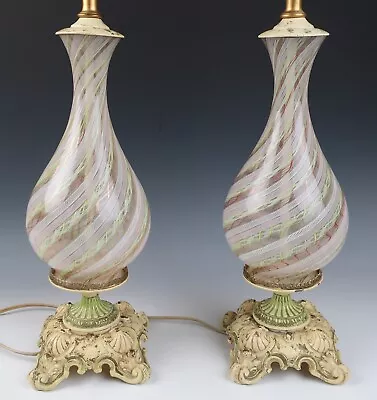 Pair Vintage Murano Lime Green Latticino Glass Lamps Mid-Century Modern Italian • $690.41