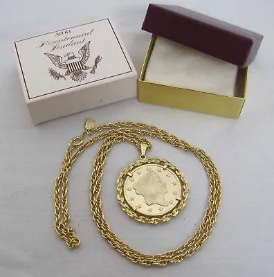 Vintage 1976 Avon LADY LIBERTY BICENTENNIAL Gold Tone Coin PENDANT Necklace • $17.99