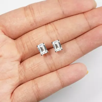 2 Ct Emerald Cut FL/D Lab Created White Sapphire Stud Earrings 14K White Gold  • $69.95