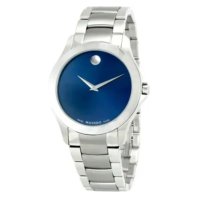 Movado $795 Men's Silver Stnlss Stl Blue Dial Swiss Museum Watch Masino 0606332 • $295.62