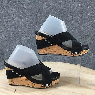 Me Too Sandals Womens 6 M Jinx Cross Strap Slip On Wedge Slide Black Fabric • $26.99