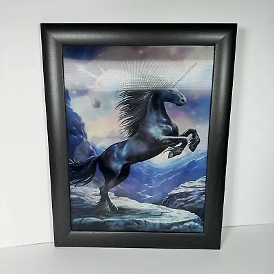 Vintage 3D Holographic Framed Picture White Unicorn Horses 1980s • £17