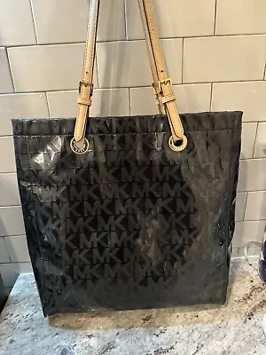 MICHAEL KORS Black MK Logo Monogrammed Patent Leather Tote Purse Handbag • $25