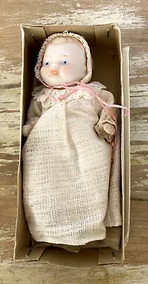 Vintage Bisque Jointed Baby Doll Japan Needs Repair Dress And Bonnet In Box • $15