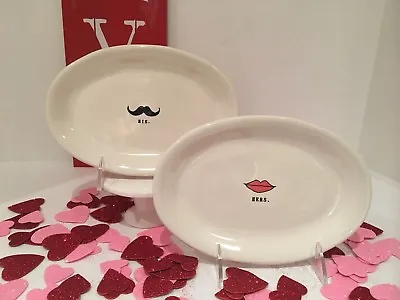 Rae Dunn  HIS +HERS  Black Mustache Red Lips Oval Plates Valentines Wedding Gift • $28.79