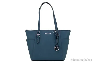 Michael Kors Charlotte Navy Blue Large Leather Top Zip Tote Bag Purse • $118