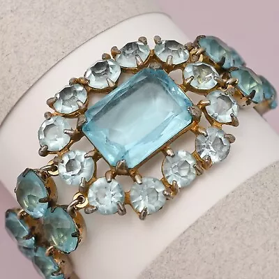 Vintage Retro Open Back Crystal Aquamarine Glass Bracelet • $20.50