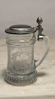 Small Mini Vintage Stein Deer Etching Pewter Top BMF Schnapskrugerl German Glass • $24.98