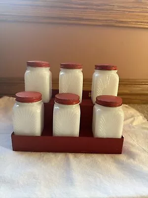 Vintage 1940's U.S.A White Milk Glass Spice Jar Set Of 6 In Red Metal Holder • $50