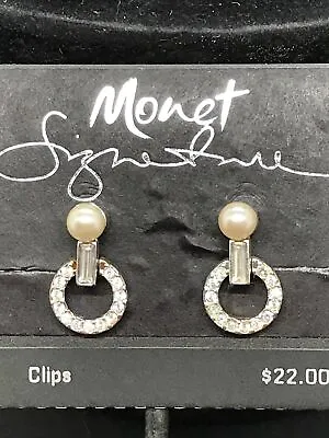 Vintage Monet Signature Silver  Pave Crystal & Faux Pearl Clip Earrings Org Card • $24.99