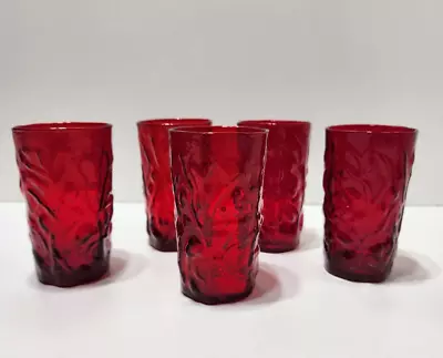 Vintage 5 Red Morgantown Seneca Driftwood Crinkle Texture Juice Tumblers Glasses • $30