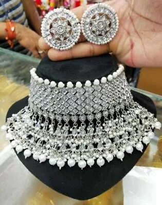 $32.39 • Buy Indian Bollywood Style Choker CZ AD Wedding Silver Fashion Jewelry Necklace Set