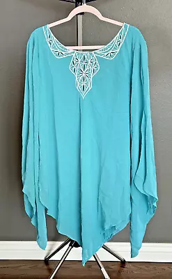 BOB MACKIE WEARABLE ART Womens 2X NWT Blue Embroidered Blouse Top Rhinestones • $35