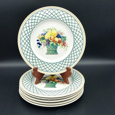 Set 6 Villeroy & Boch Basket 8-1/2  Salad Plates Fruits & Flowers Lattice Border • £47.26