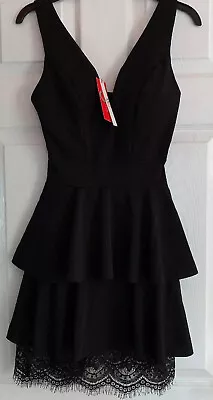 £18 • Buy WALG Jackie V Neck Plunge Frill Layered With Lace Mini Black Dress Size 6