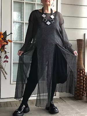 Punk Steampunk Boho Lagenlook Artsy Black Mesh Lurex Long Tunic Dress + Necklace • $120