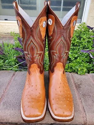 JLS BOOTS Mens Cowboy Boots Cognac Genuine Half Moon Ostrich Leather Size # 10 E • $160