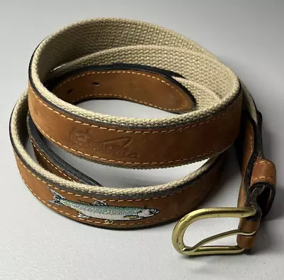 World Wide Sportsman Mens 38 Embroidered Tarpon Fish Belt Leather Canvas USA • $22.77