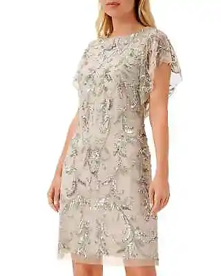 Aidan Mattox Embellished Flutter Sleeve Cocktail Dress Womens 14 Silver Back Zip • $162.94