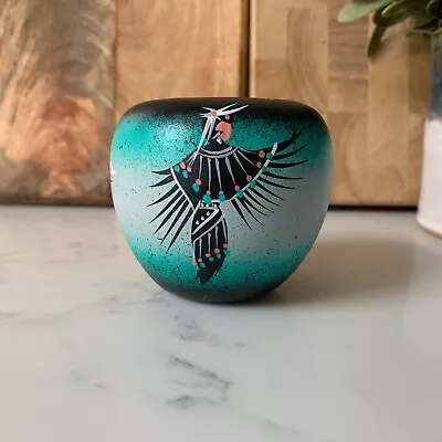 Signed Hand-Painted Black & Green Bowl Small Vase Native American • £23.49